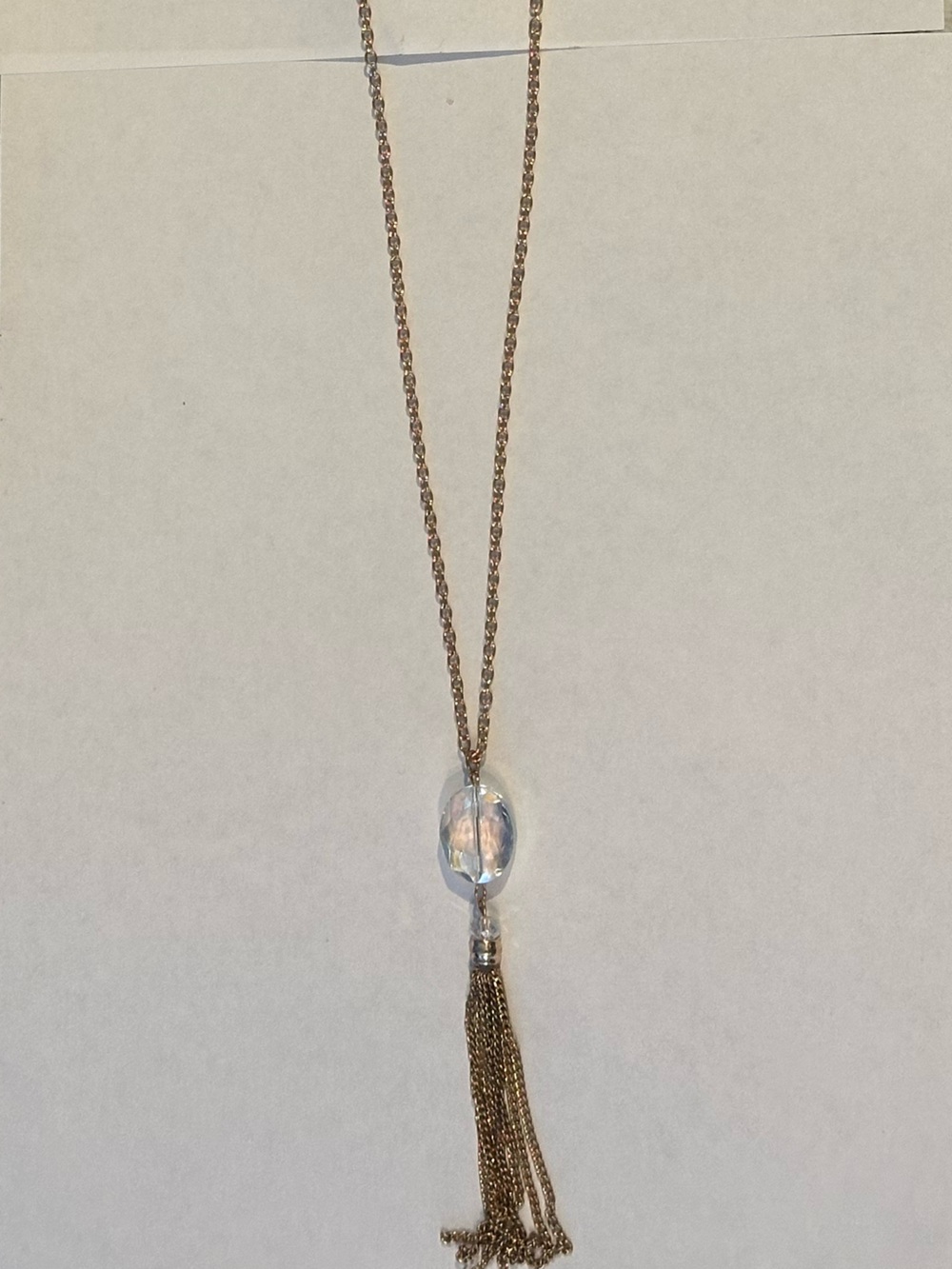 Rose Gold Tassel Necklace with Clear Glass Pendant long chain.